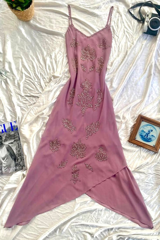 Robe de bal longue chic en mousseline de soie à fines bretelles et perles, sans manches, coupe trapèze, référence C6393