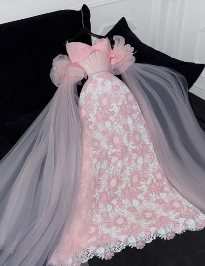 Robe de bal longue princesse bustier en satin, tulle et dentelle, sans manches, référence C6394