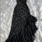 Robe de bal longue sirène noire chic à fines bretelles, en mousseline de soie ornée de sequins et de perles, sans manches, référence C6398