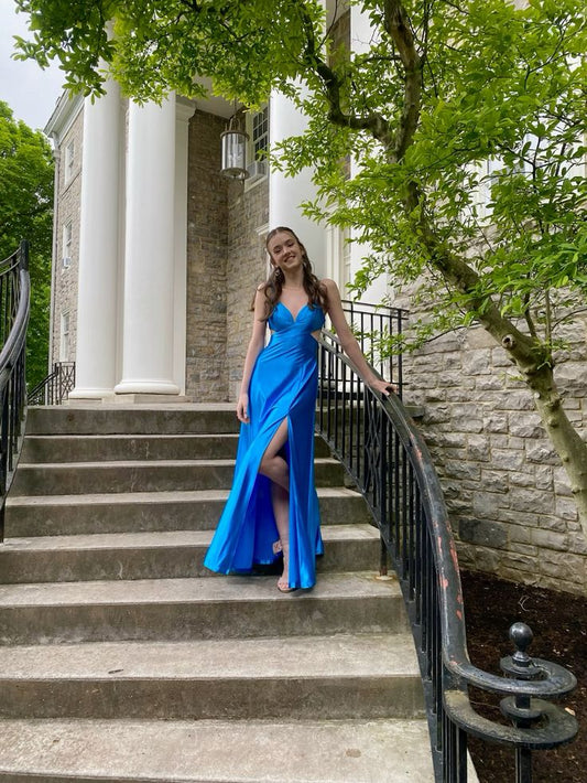 Robe de bal longue en satin, coupe trapèze, bretelles spaghetti, fente, sans manches, modèle C6404