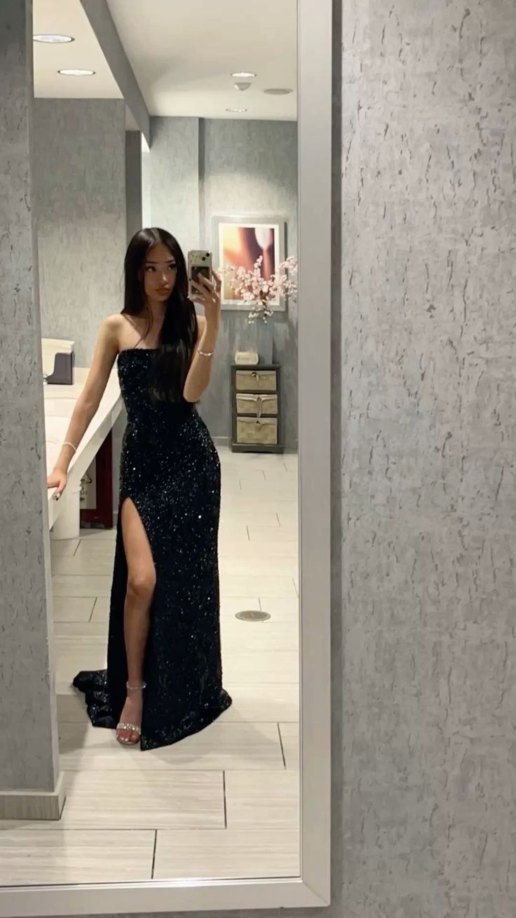 Robe de bal longue sirène noire sans bretelles, à sequins et fente, sans manches, robe de soirée C6406