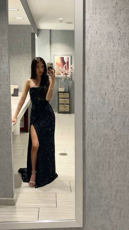 Robe de bal longue sirène noire sans bretelles, à sequins et fente, sans manches, robe de soirée C6406