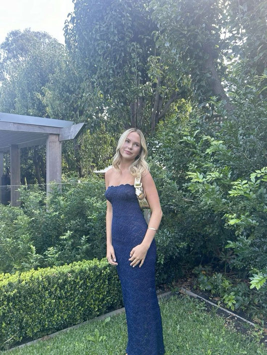 Navy Blue Mermaid Strapless Lace Without Sleeves Long Prom Dress, Evening Dress C6408