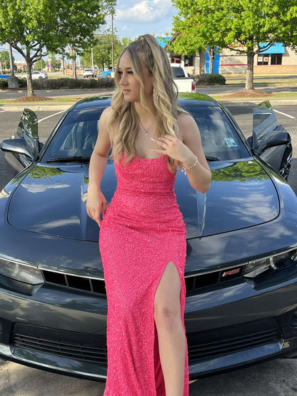 Robe de bal longue sirène à fines bretelles, sequins et fente, sans manches, référence C6413