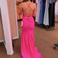 Pretty Mermaid Halter Hot Pink Satin Without Sleeves Long Prom Dress, Evening Dress C6414