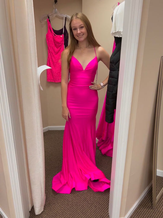 Pretty Mermaid Halter Hot Pink Satin Without Sleeves Long Prom Dress, Evening Dress C6414
