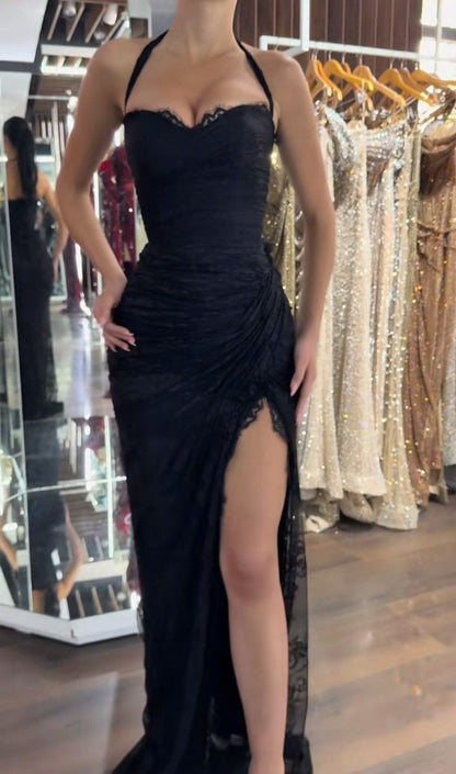 Robe de bal longue sirène noire sexy à dos nu et fente en dentelle, sans manches, référence C6418