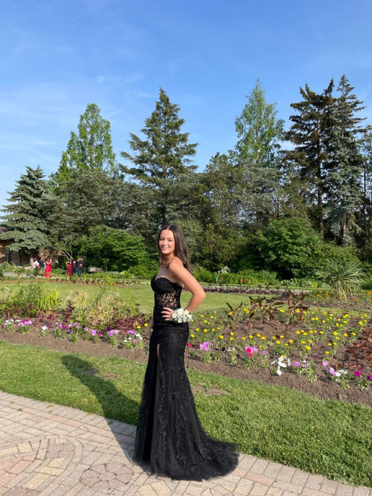 Robe de bal longue sirène noire à décolleté cœur et fente en dentelle, sans manches, modèle C6420