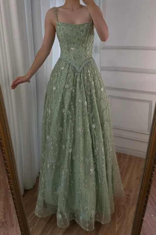 Robe de bal longue trapèze à fines bretelles en tulle et dentelle, sans manches, référence C6429