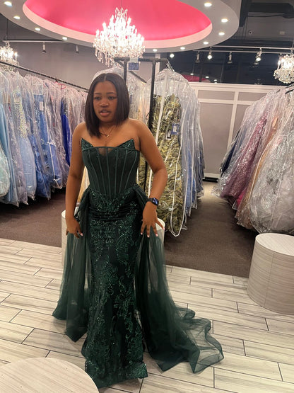 Robe de bal longue sirène vert foncé sans bretelles, en tulle à sequins et sans manches, référence C6439