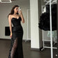 Robe de bal longue sirène noire sexy sans bretelles en satin à sequins et sans manches, robe de soirée C6445