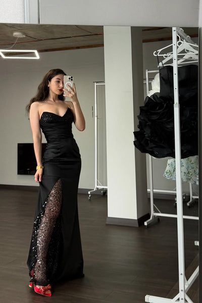 Robe de bal longue sirène noire sexy sans bretelles en satin à sequins et sans manches, robe de soirée C6445