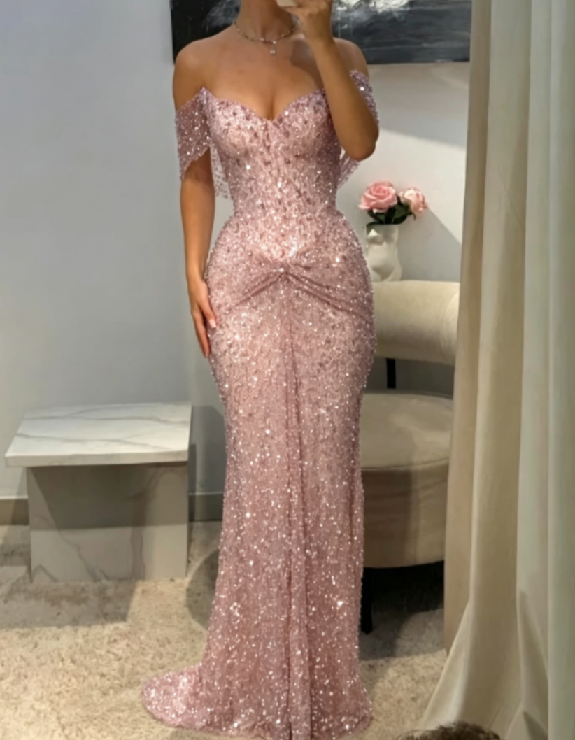 Robe de bal longue sirène lilas brillant à sequins épaules dénudées et sans manches, robe de soirée C6448