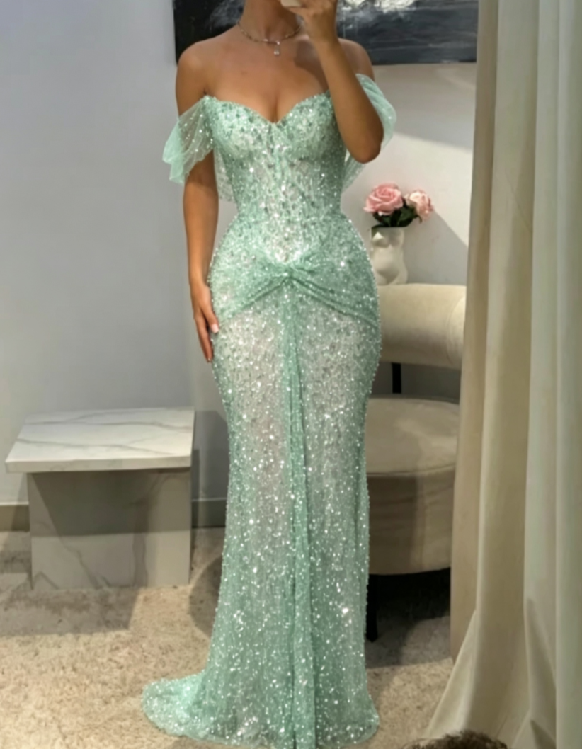 Robe de bal longue sirène lilas brillant à sequins épaules dénudées et sans manches, robe de soirée C6448