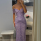 Robe de bal longue sirène lilas brillant à sequins épaules dénudées et sans manches, robe de soirée C6448