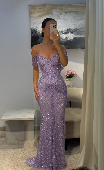 Robe de bal longue sirène lilas brillant à sequins épaules dénudées et sans manches, robe de soirée C6448