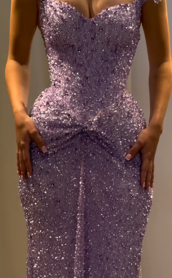 Robe de bal longue sirène lilas brillant à sequins épaules dénudées et sans manches, robe de soirée C6448