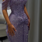Robe de bal longue sirène lilas brillant à sequins épaules dénudées et sans manches, robe de soirée C6448