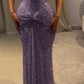 Robe de bal longue sirène lilas brillant à sequins épaules dénudées et sans manches, robe de soirée C6448
