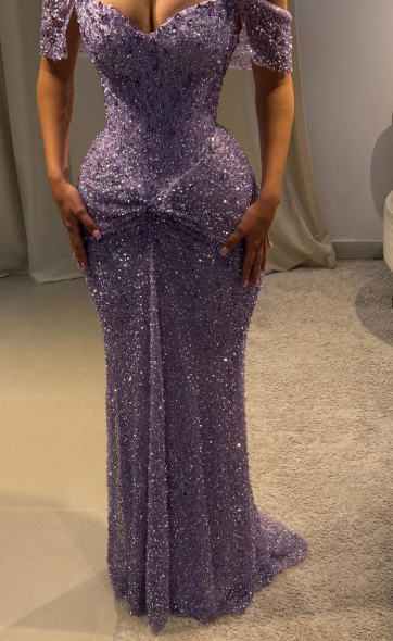 Robe de bal longue sirène lilas brillant à sequins épaules dénudées et sans manches, robe de soirée C6448