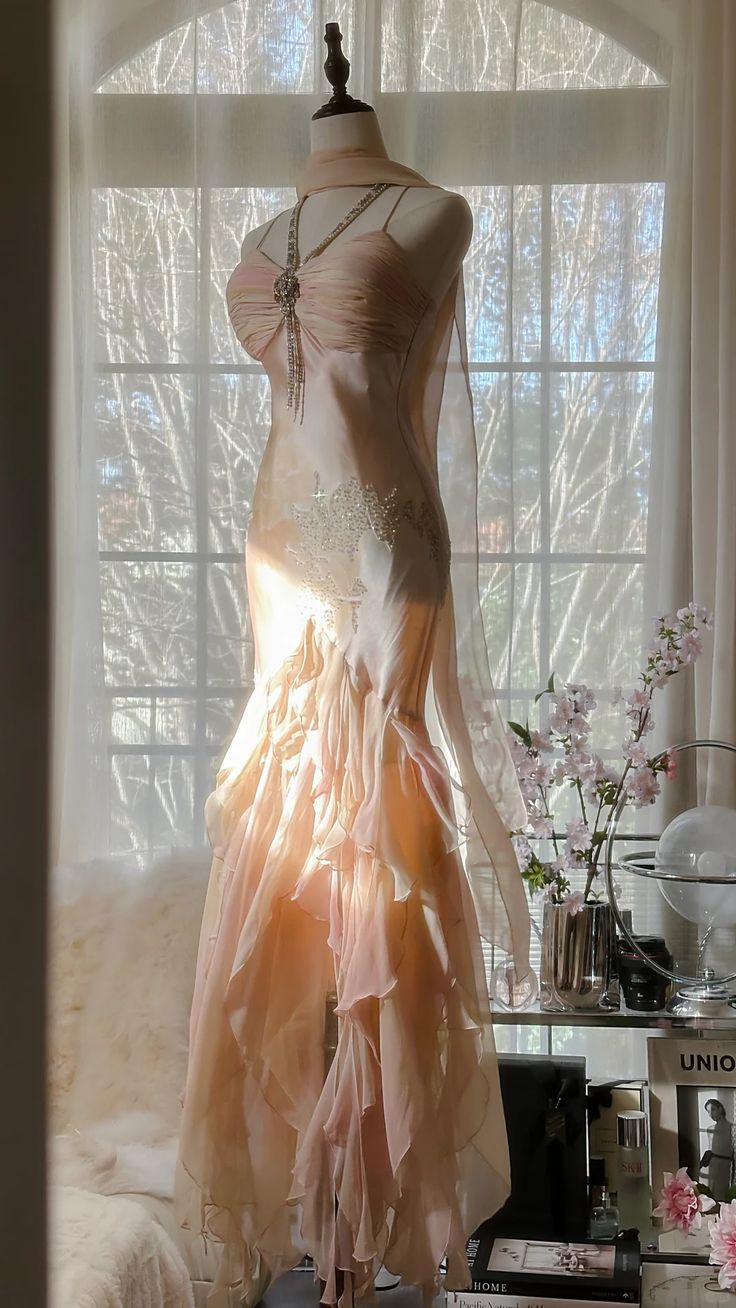 Robe de bal longue sirène chic à fines bretelles, en satin, mousseline, à volants et perles, sans manches, référence C6454