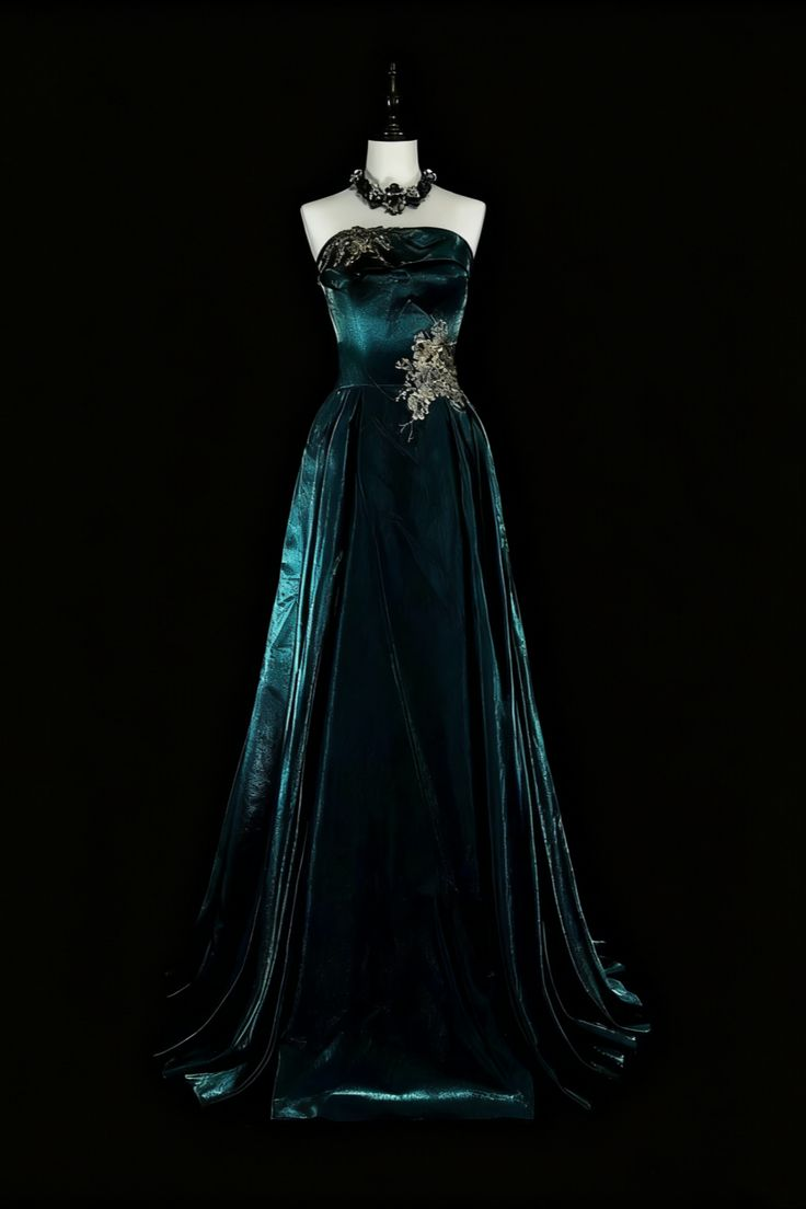 Robe de bal longue rétro bleu sarcelle, bustier, en satin sans manches, référence C6456