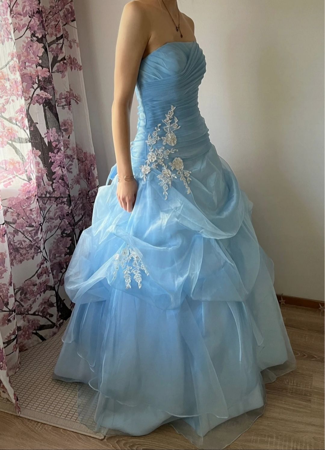Robe de bal longue bleu pâle sans bretelles en satin et tulle appliqué, sans manches, robe de soirée C6461