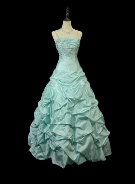 Robe de bal longue vert menthe à fines bretelles, en satin orné de perles, sans manches, référence C6462