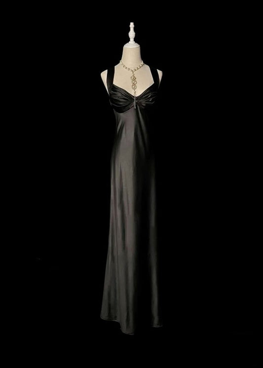 Robe de bal longue en satin noir, coupe trapèze élégante, sans manches, modèle C6465