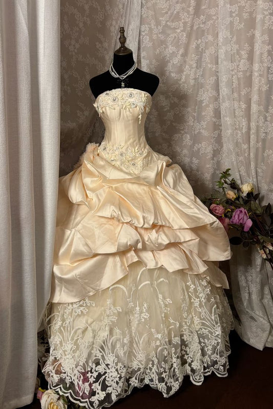 Robe de bal princesse bustier en satin et dentelle, sans manches, longue robe de soirée C6470