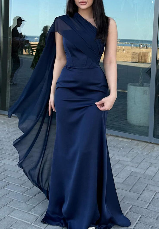Robe de bal longue sirène chic à une épaule en satin et mousseline sans manches, robe de soirée C6473