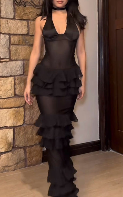 Robe de bal longue sirène noire sexy à volants en mousseline sans manches, dos nu, robe de soirée C6475