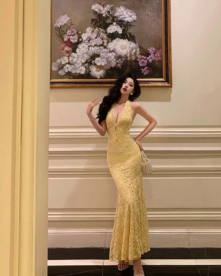 Robe de bal longue sirène jaune pastel sexy, dos nu, en dentelle, sans manches, référence C6476