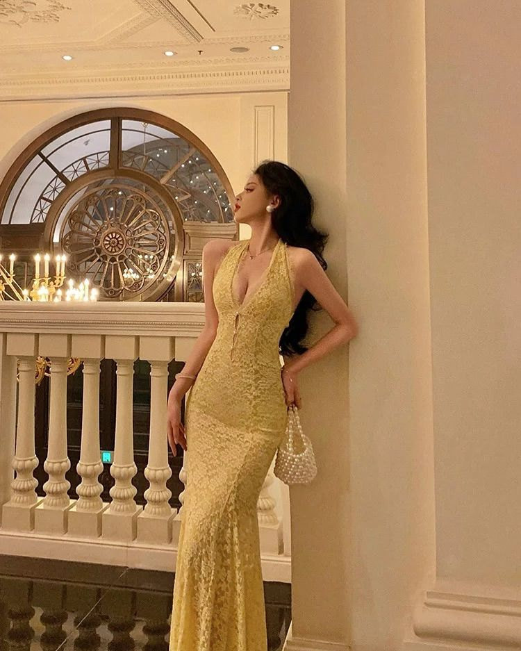 Robe de bal longue sirène jaune pastel sexy, dos nu, en dentelle, sans manches, référence C6476