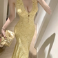 Robe de bal longue sirène jaune pastel sexy, dos nu, en dentelle, sans manches, référence C6476