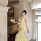 Robe de bal longue sirène jaune pastel sexy, dos nu, en dentelle, sans manches, référence C6476