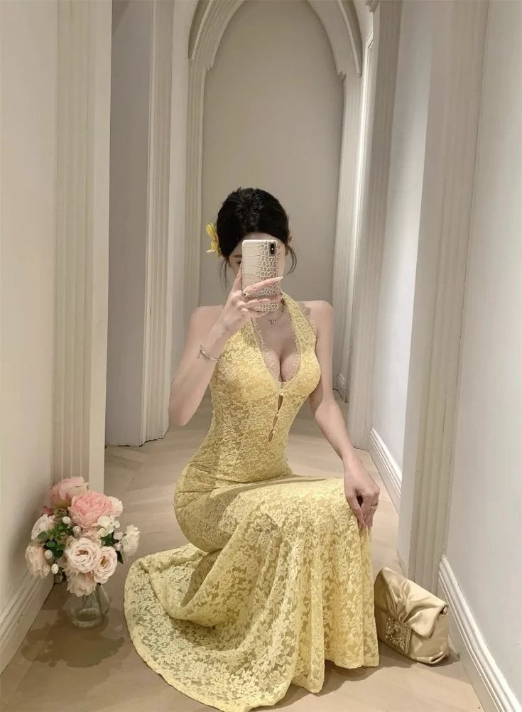 Robe de bal longue sirène jaune pastel sexy, dos nu, en dentelle, sans manches, référence C6476