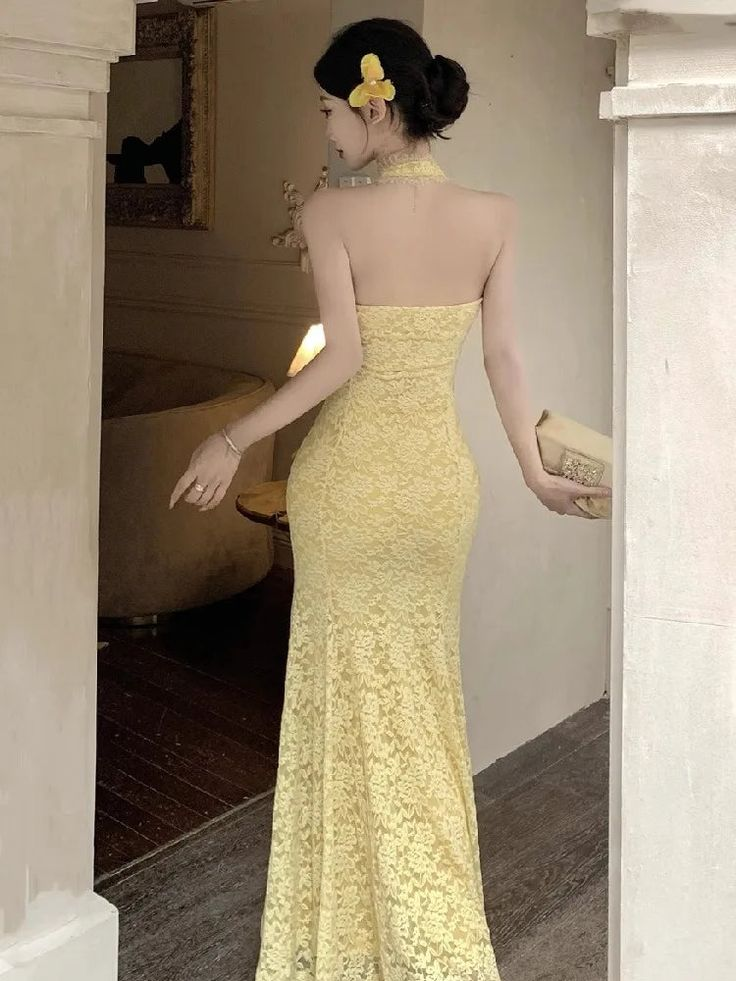 Robe de bal longue sirène jaune pastel sexy, dos nu, en dentelle, sans manches, référence C6476