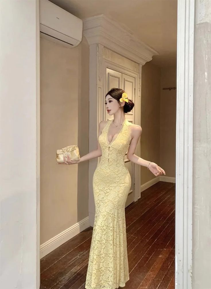 Robe de bal longue sirène jaune pastel sexy, dos nu, en dentelle, sans manches, référence C6476