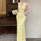 Robe de bal longue sirène jaune pastel sexy, dos nu, en dentelle, sans manches, référence C6476