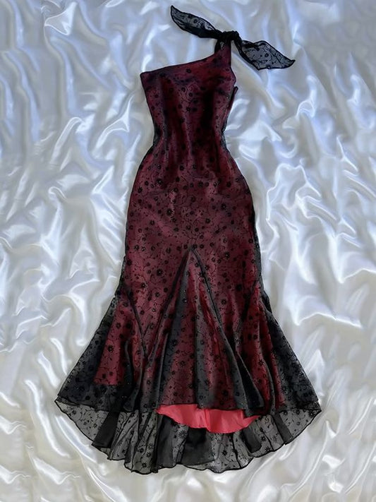 Robe de bal longue sirène asymétrique en satin et dentelle, sans manches, référence C6478