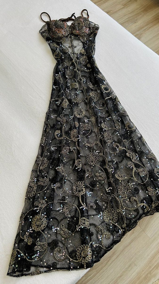 Charming A Line Spaghetti Straps Lace Beaded Without Sleeves Long Prom Dress, Evening Dress C6479