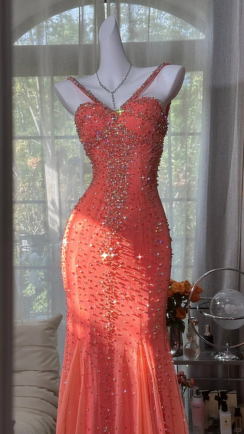 Gorgeous Mermaid Spaghetti Straps Watermelon Tulle Sequin Without Sleeves Long Prom Dress, Evening Dress C6481