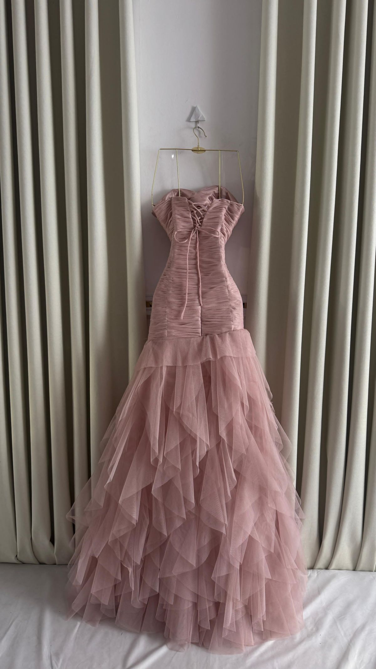 Chic Dusty Pink Mermaid Strapless Tulle Without Sleeves Long Prom Dress, Evening Dress C6483