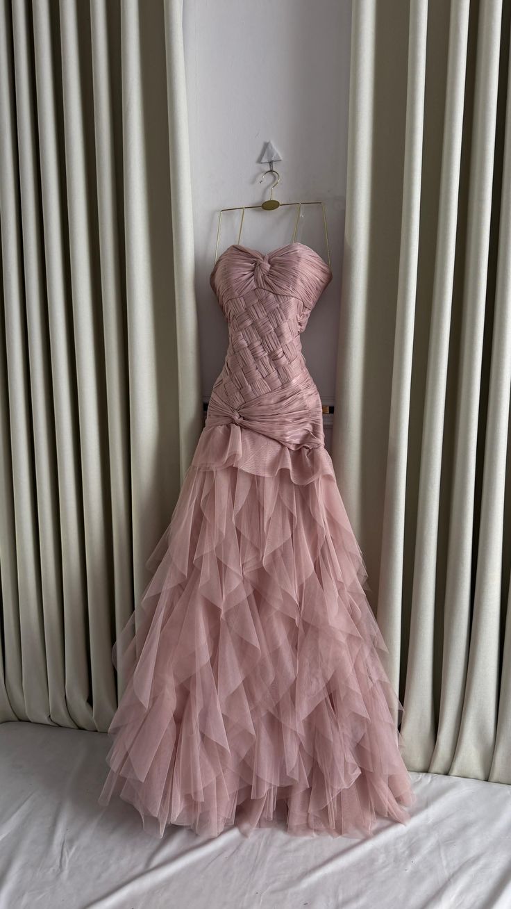 Chic Dusty Pink Mermaid Strapless Tulle Without Sleeves Long Prom Dress, Evening Dress C6483