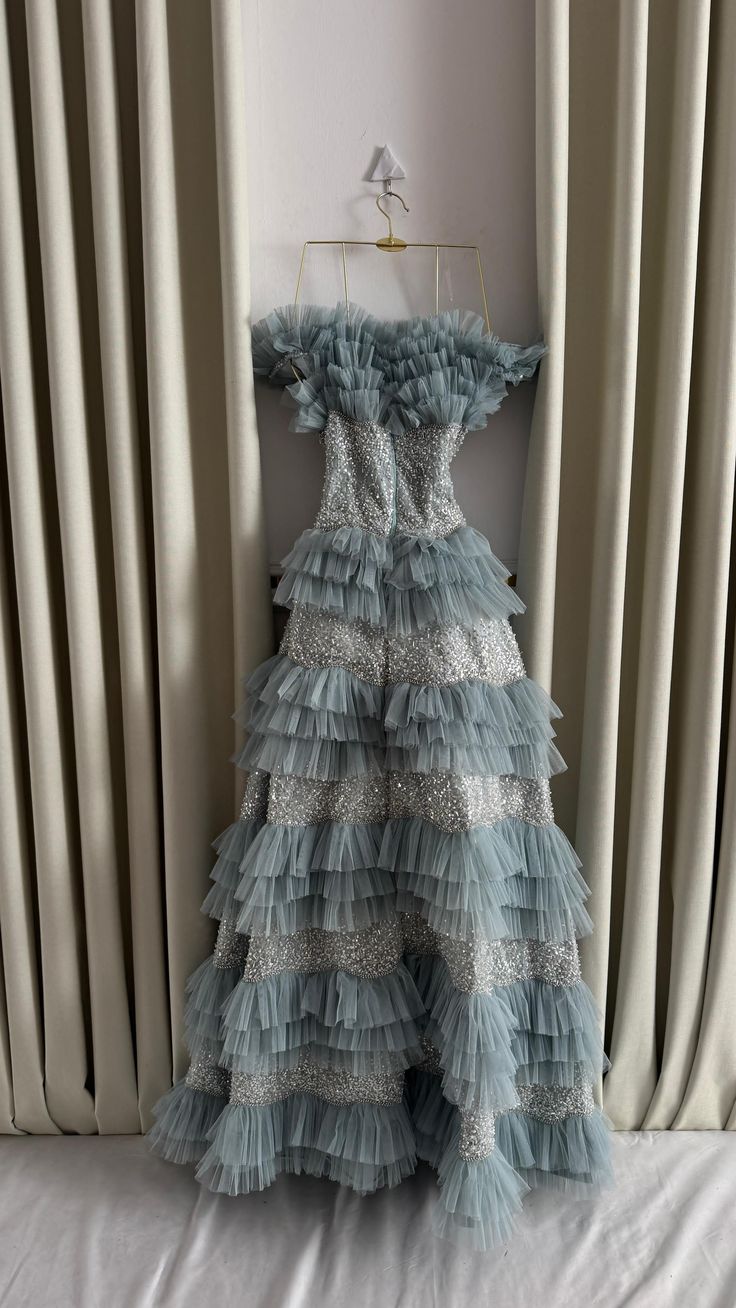 Chic A Line Strapless Tiered Tulle Sequin Beaded Without Sleeves Long Prom Dress, Evening Dress C6484