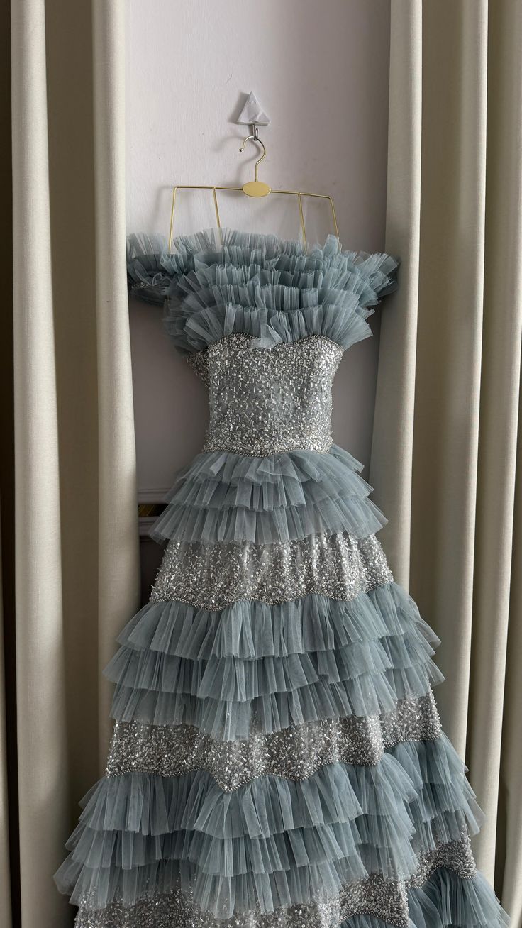 Chic A Line Strapless Tiered Tulle Sequin Beaded Without Sleeves Long Prom Dress, Evening Dress C6484