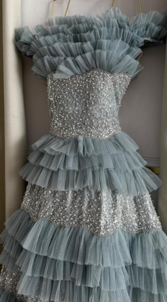 Chic A Line Strapless Tiered Tulle Sequin Beaded Without Sleeves Long Prom Dress, Evening Dress C6484