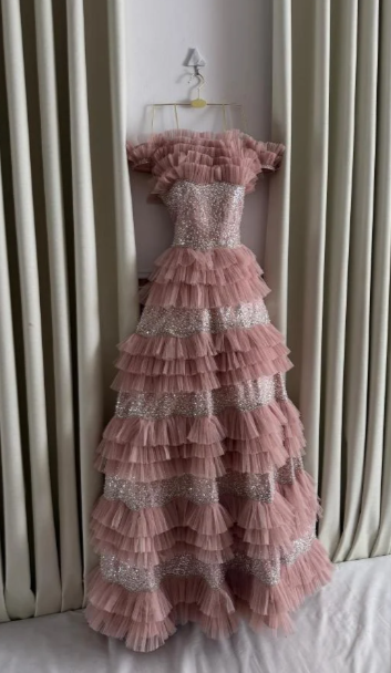 Chic A Line Strapless Tiered Tulle Sequin Beaded Without Sleeves Long Prom Dress, Evening Dress C6484