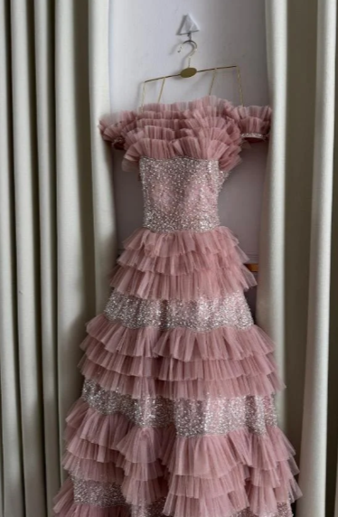 Chic A Line Strapless Tiered Tulle Sequin Beaded Without Sleeves Long Prom Dress, Evening Dress C6484